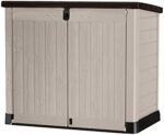 Keter Store It Out Pro Outdoor Garden Furniture Storage Shed Beige with Brown Lid Fade Free All Weather Resistant Safe and Secure Zero Maintenance 5 year Warranty