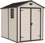 Keter Manor Outdoor Apex Double Door Garden Storage Shed 6 x 8ft Beige Brown Wood effect | Fade Free | All Weather Resistant | Safe and Secure | Zero Maintenance | 15 year Warranty