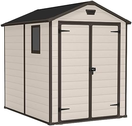 41r1uQc7UQL._AC_.jpg Keter Manor Outdoor Apex Double Door Garden Storage Shed 6 x 8ft Beige Brown Wood effect | Fade Free | All Weather Resistant | Safe and Secure | Zero Maintenance | 15 year Warranty - Image 1