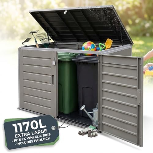 51zshkGTehL._AC_.jpg Storage Shed 1170L Extra Large XL Outdoor Garden Storage Boxes with Padlock - Plastic Shed Box Cabinet Cupboard - for 2x 230L Bins, Garden Tools, Bike Storage - Image 1